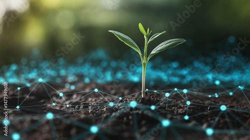 Small green plant emerging from soil with a digital network overlay, symbolizing growth and technology.