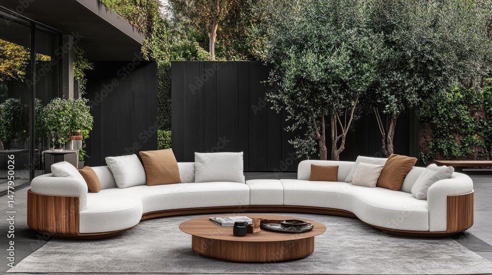 Fototapeta premium Curved outdoor sectional sofa set with wooden accents.