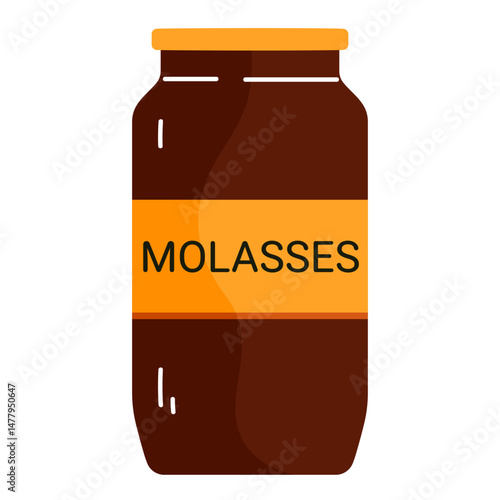 Molasses in a dark brown glass jar with a yellow label. Natural sweetener derived from sugar beet or sugar cane. Healthy sugar substitute. Sweet natural product. Vector illustration in cartoon style. 
