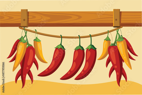 Hanging red chilies on a wooden rack with a warm background in a kitchen setting, showcasing a traditional culinary element for spice lovers