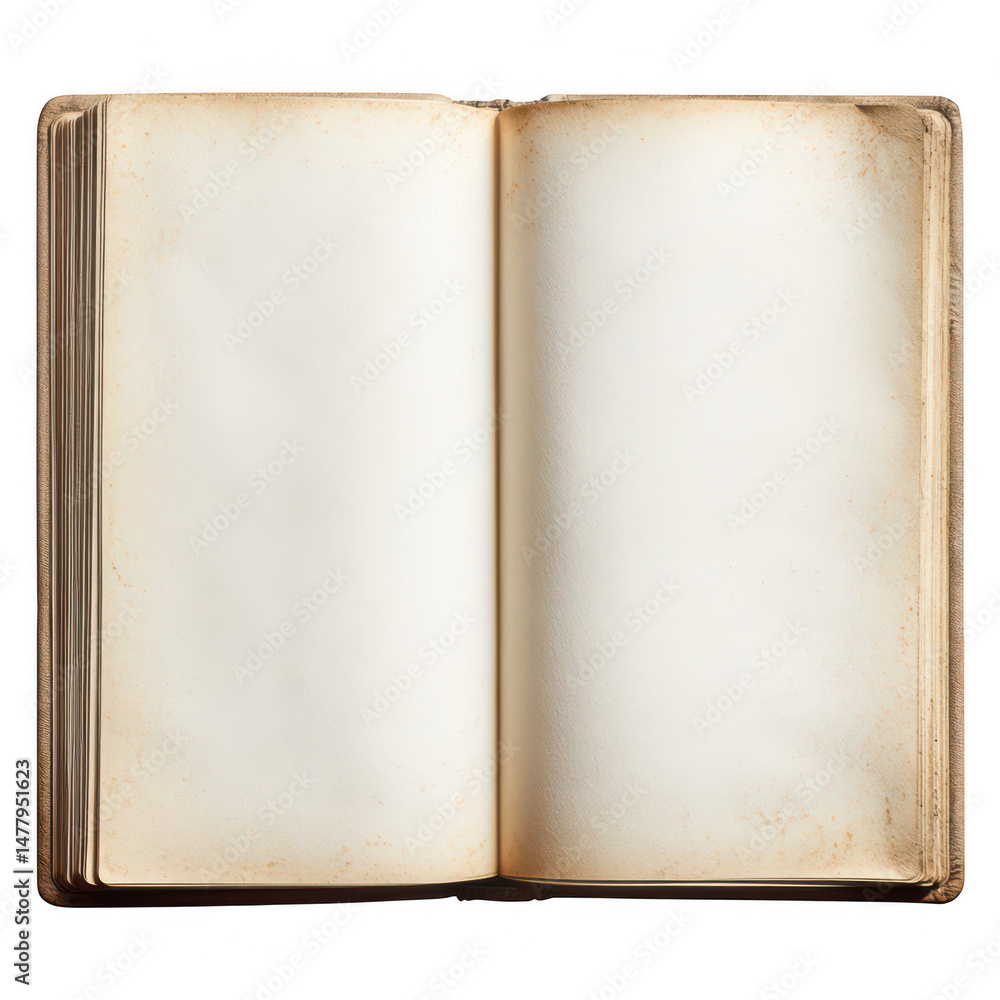 Fototapeta premium Open antique book with blank pages for text or image insertion on transparent background