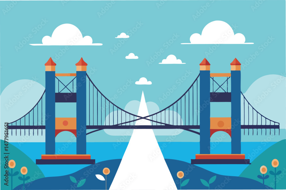 Obraz premium Vector illustration of a man walking on a bridge in a scenic landscape with mountains and clouds during a bright day, featuring elements of nature and urban design