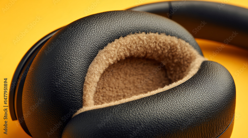 Obraz premium Close-up of black leather headphone earcup with brown fleece interior, showcasing texture and comfort. Symbolizes audio, music, technology, and relaxation