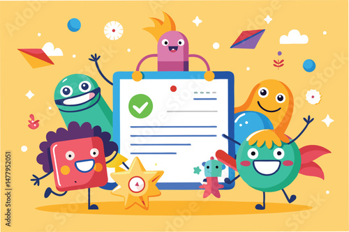 Cheerful vector illustration of colorful cartoon characters celebrating success with a laptop and fun objects in a vibrant background