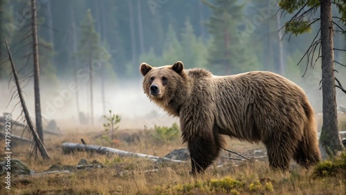 Majestic grizzly bear standing in a natural forest setting with serene foggy background