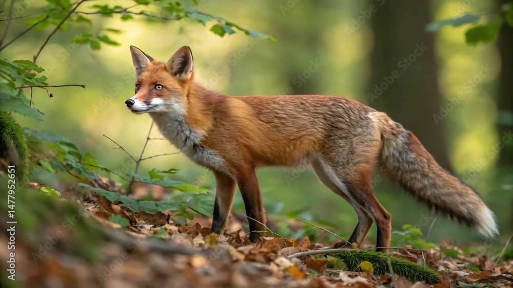 Fototapeta premium Majestic red fox standing alertly in a lush green forest surrounded by autumn leaves