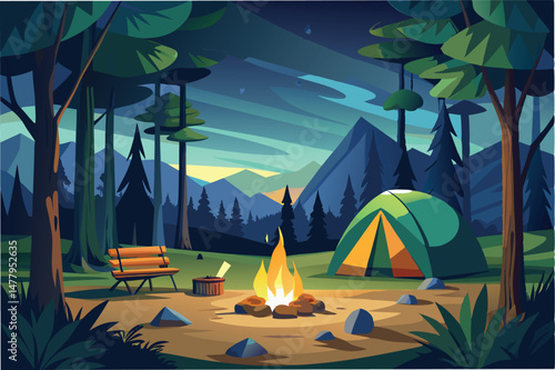 Illustration of a peaceful campsite under a starry night sky with a glowing campfire, a tent, and surrounding pine trees in a serene natural setting