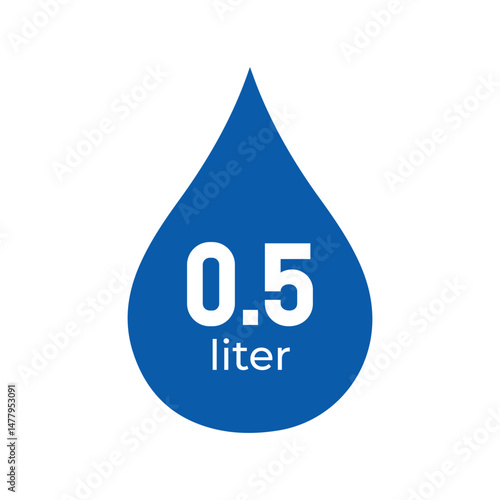 water drop icon with 0.5 liter text, blue droplet symbol for liquid measurement, hydration and fluid capacity