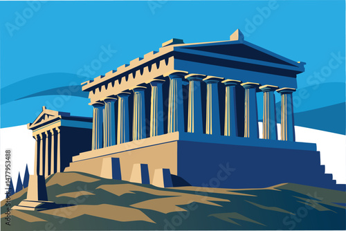 Vector illustration of the Parthenon in Athens, Greece showcasing classical architecture against a vibrant blue background