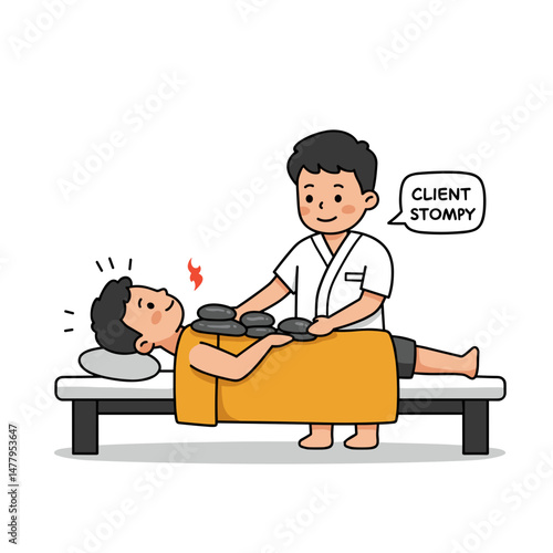 Massage therapist giving a hot stone massage to a client on a treatment table in a relaxed setting