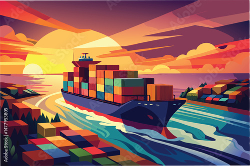 Vibrant sunset over a cargo ship navigating through waters with colorful shipping containers aboard during evening
