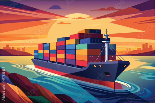 Vibrant sunset over a cargo ship navigating through waters with colorful shipping containers aboard during evening