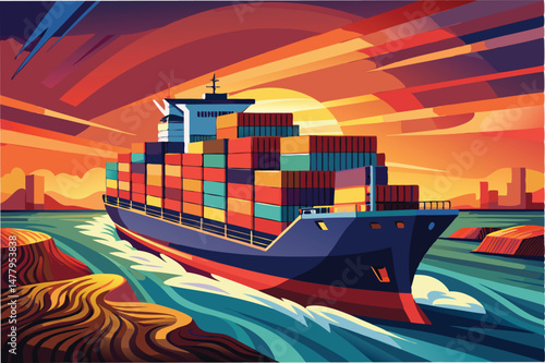 Vibrant sunset over a cargo ship navigating through waters with colorful shipping containers aboard during evening