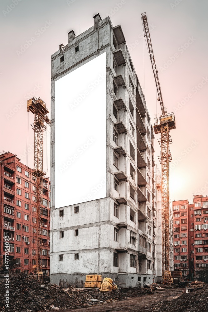 Fototapeta premium Urban construction site featuring a blank billboard on an unfinished building