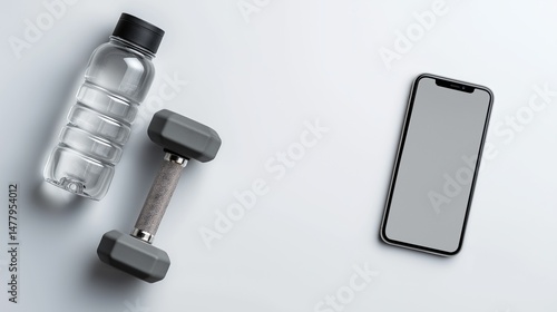 Fitness setup with dumbbells and phone mockup, sports concept