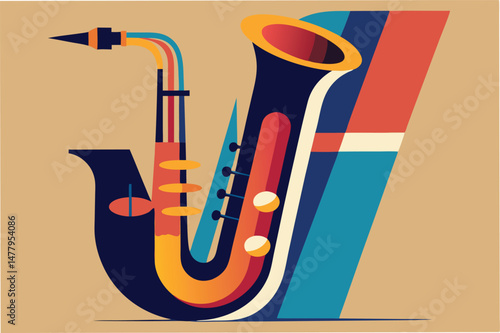 Colorful vector illustration of a saxophone with musical notes set against a geometric background