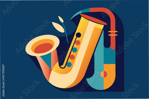 Colorful vector illustration of a saxophone with musical notes set against a geometric background