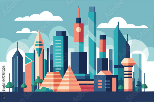 Colorful vector illustration of a modern city skyline with geometric buildings, clouds, and a sunset in a vibrant color palette