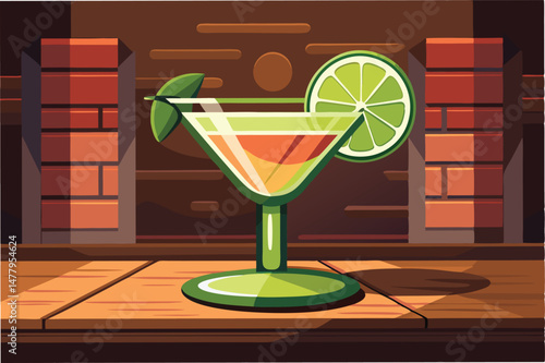 Refreshing green cocktail with lime slice served in a stylish glass on a wooden bar counter, ideal for a night out or upscale gatherings