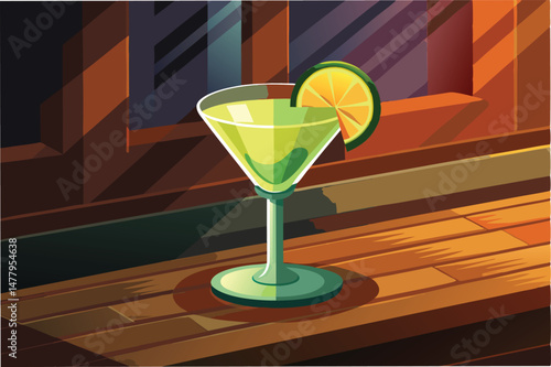 Refreshing green cocktail with lime slice served in a stylish glass on a wooden bar counter, ideal for a night out or upscale gatherings