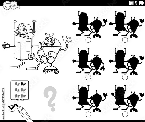 shadow puzzle with two cartoon robot characters coloring page