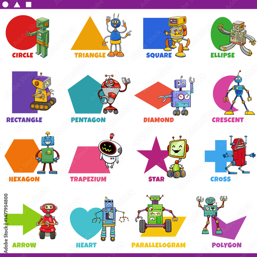 basic geometric shapes with cartoon robot characters set