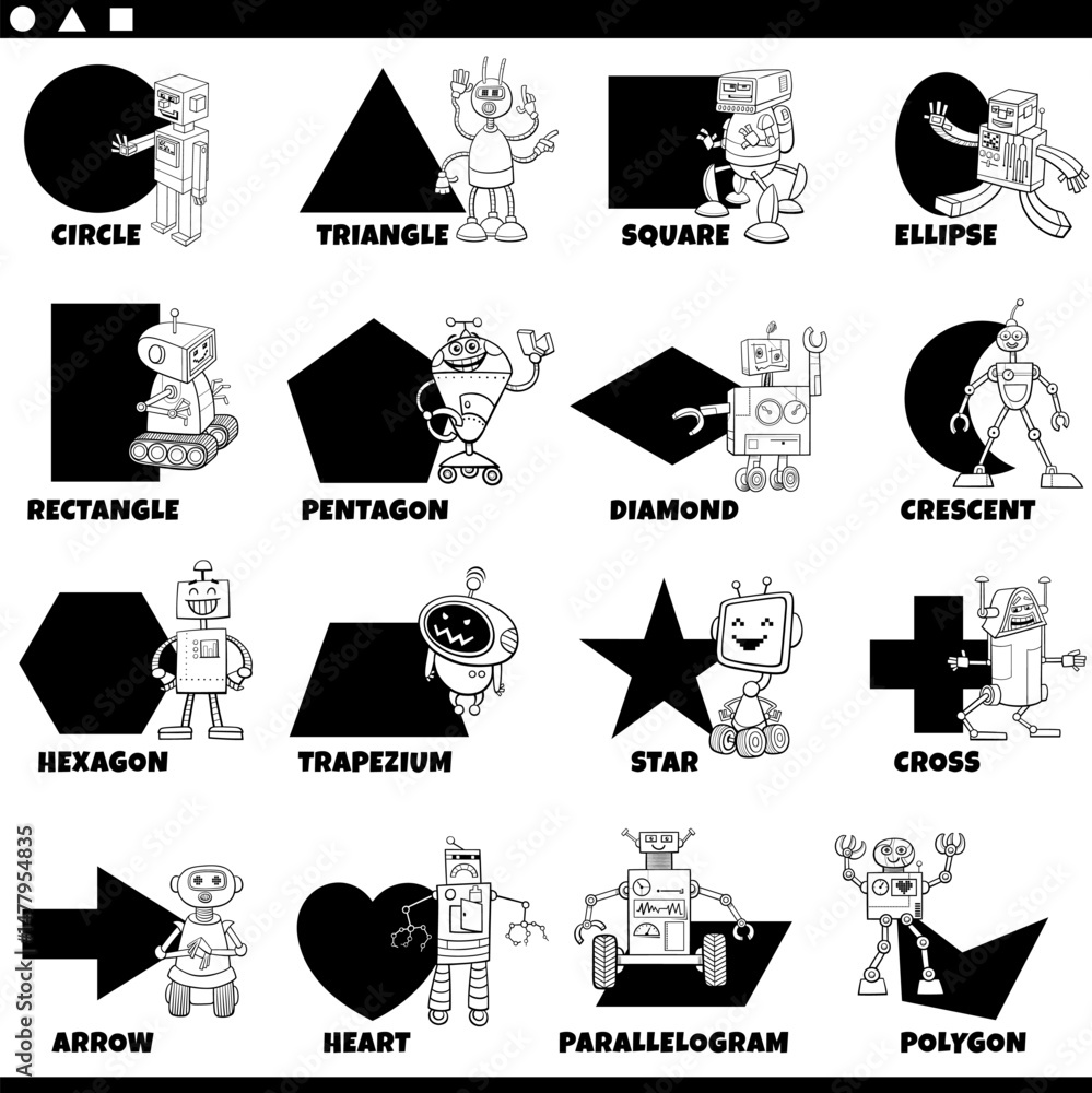 basic geometric shapes with cartoon robots coloring page