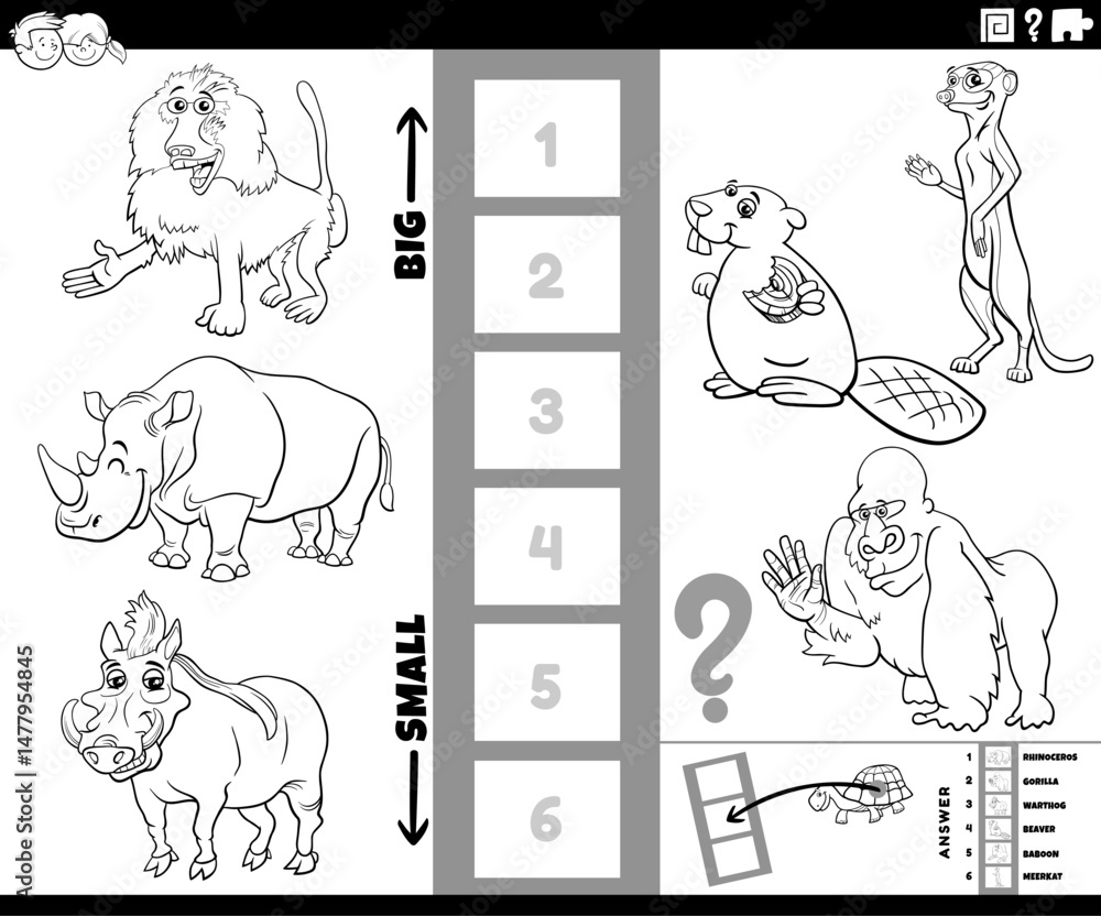 biggest and smallest cartoon animal puzzle activity coloring page