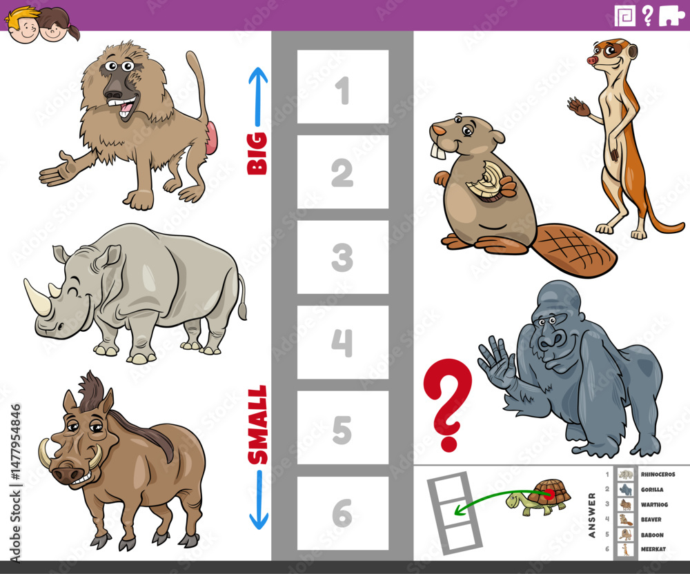 educational puzzle activity with big and small cartoon animals