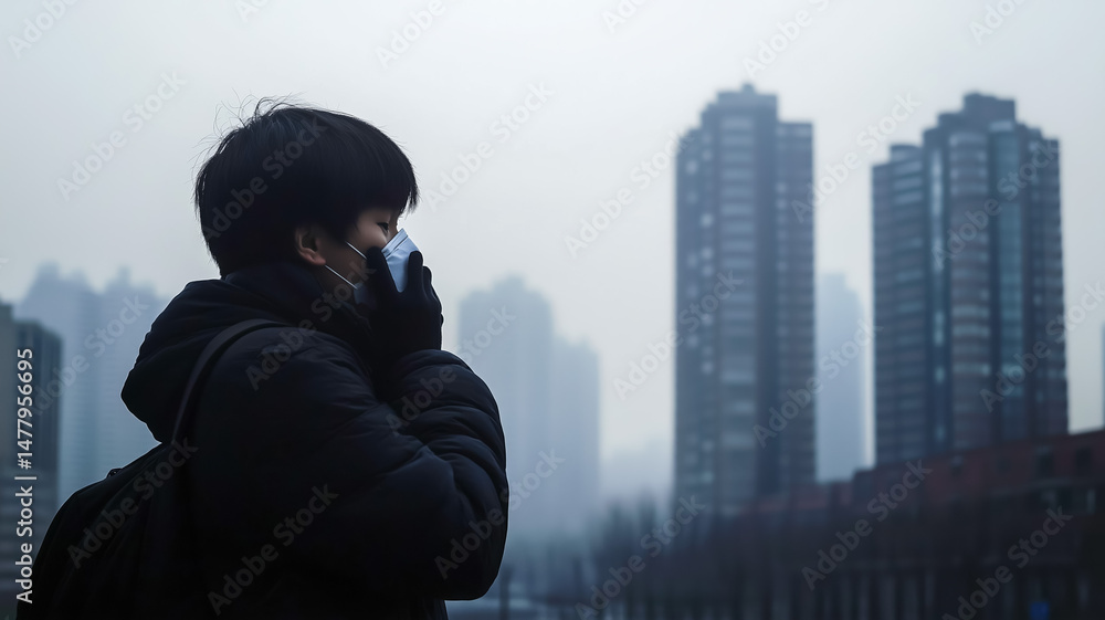 Young person wearing a mask against urban backdrop in smog Young person wearing a mask against urban backdrop in smog