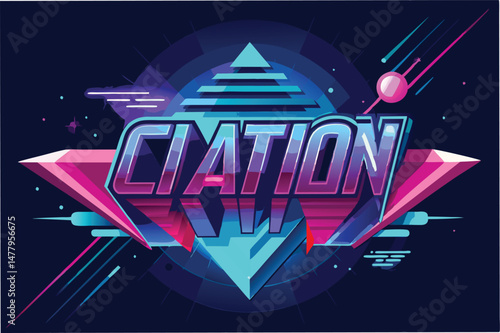 Vibrant vector illustration featuring stylized lettering and geometric shapes with a neon aesthetic in a dynamic cosmic setting