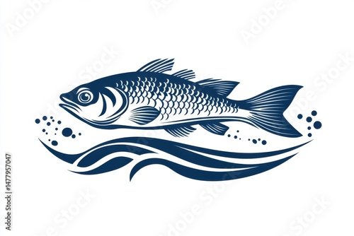Abstract Blue Fish Illustration with Waves and Bubbles