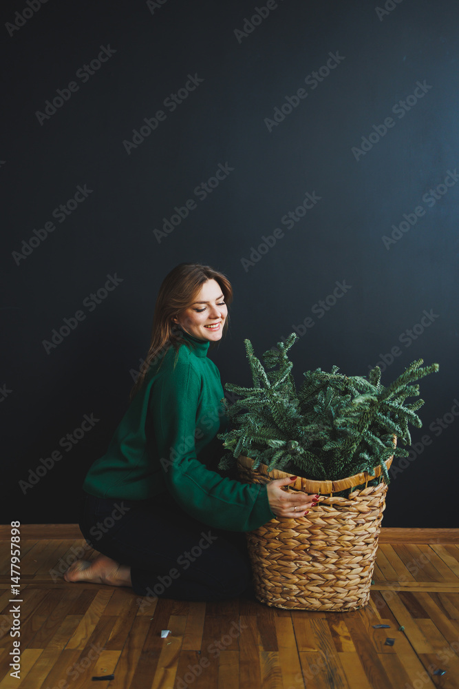 A Woman Embracing a Large Basket Filled with Lush Green Plants in a Beautiful, Minimalist Indoor Setting That Exudes a Sense of Calm and Natural Beauty, Perfect for Wellness and Relaxation