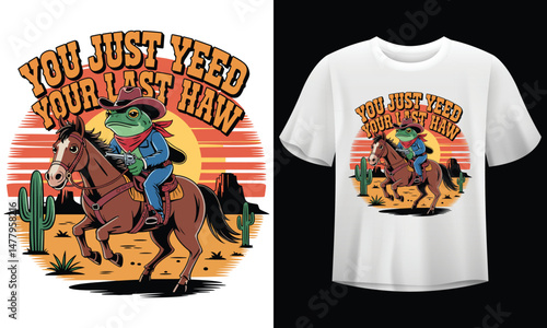 Funny Cowboy Frog Vector – Western Horse Riding Cartoon T-Shirt Design