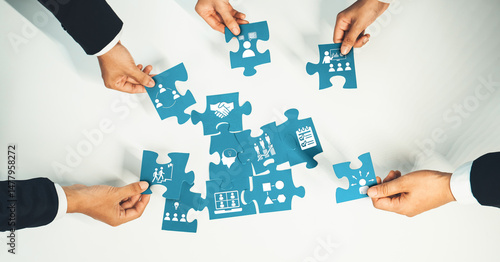 Konstfotografi Top view panorama banner of business team assembling jigsaw puzzle over table symbolize business partnership and collective teamwork for HR recruitment and job seeker background