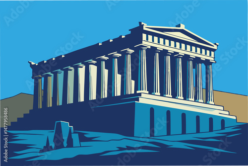 Vector illustration of the Parthenon in Athens, Greece showcasing classical architecture against a vibrant blue background