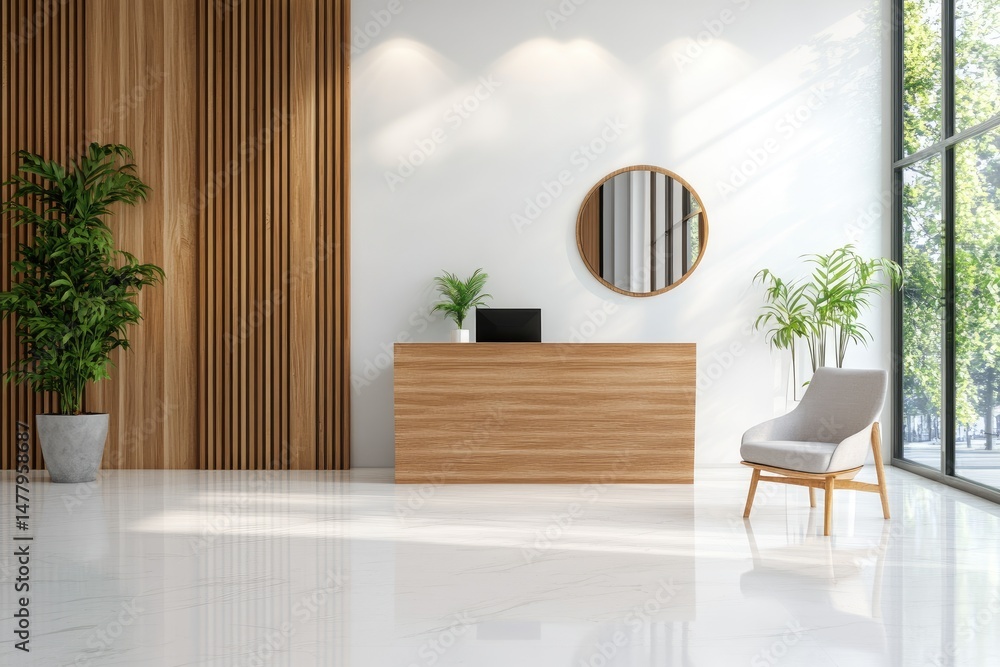 Fototapeta premium Modern minimalist interior with wooden reception desk and greenery