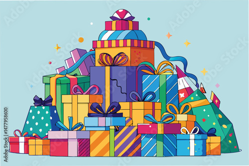 Colorful stack of gift boxes ready for celebration, adorned with ribbons, bows, and cheerful patterns on a light background