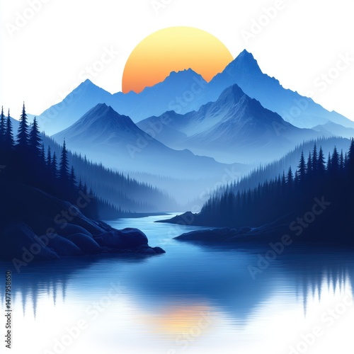 Serene Mountain Landscape with Sunrise and Reflection in River