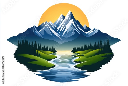 Scenic Mountain Landscape with River and Sunrise Illustration