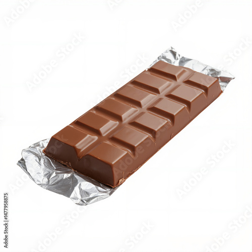 Sweet chocolate bar, wrapped in aluminum foil, isolated on a white background