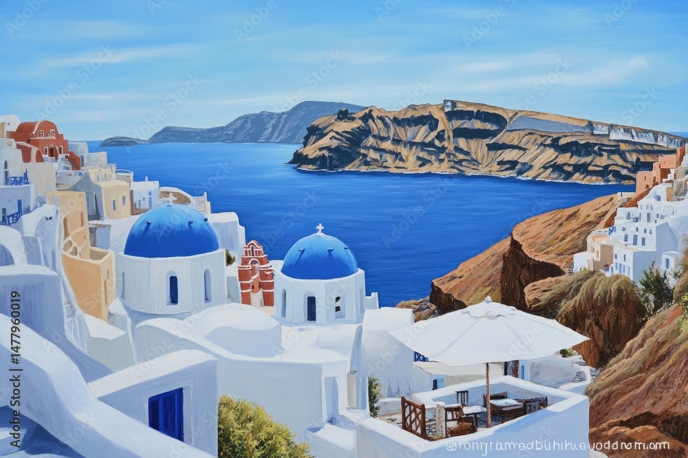 Obraz premium Charming Santorini Painting, Whitewashed Buildings and Blue Domed Churches, Greece Coastline