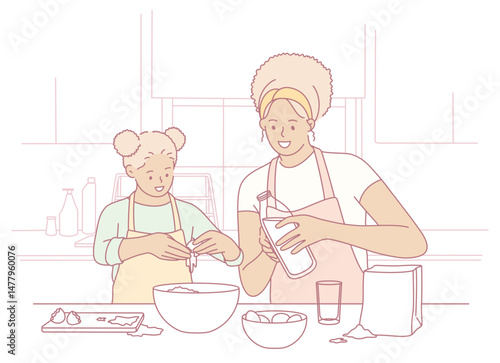 A mother and her child happily share a delightful cooking experience as they joyfully bake together in the kitchen