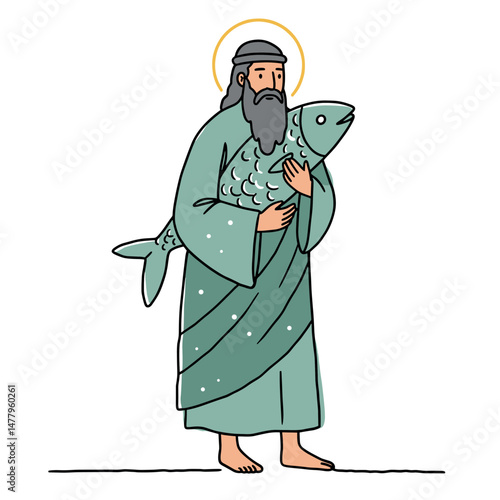 Apostle Peter holding a large fish with a halo