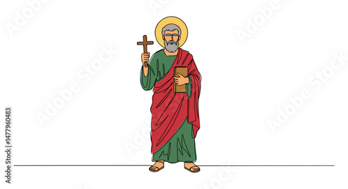 Apostle holding a cross and a book with a halo on a white background