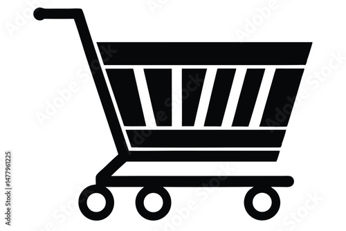 Stylized Black Shopping Cart Icon with Four Wheels for Retail or Online Sales