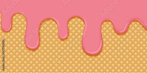 Vector background with pink ice cream melting over waffle cone texture, perfect for sweet product packaging, dessert ads, summer menu design, confectionery branding, and food illustrations