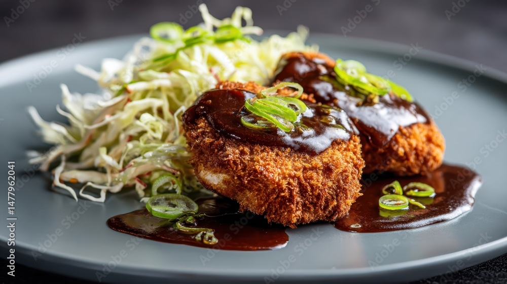Delicious Meat Dish with Savory Sauce on Plate Delicious Meat Dish with Savory Sauce on Plate