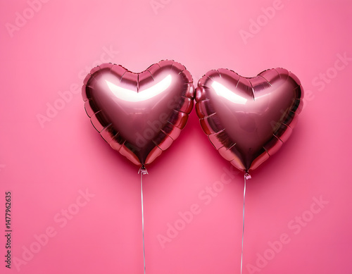 Pink heart-shaped helium balloons on a pink background. Foil air balloons on a pastel pink background with copy text space