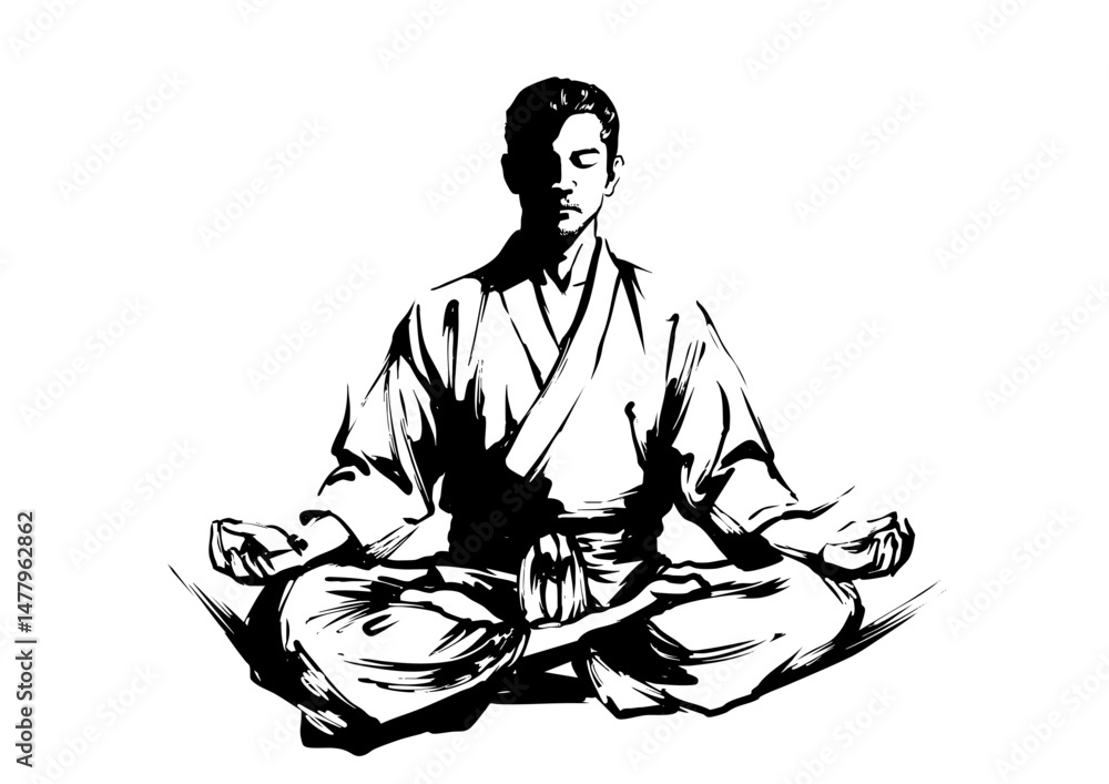 Fototapeta premium Zen Meditation in Ink Brush Style – Traditional Japanese Sumi-e Art